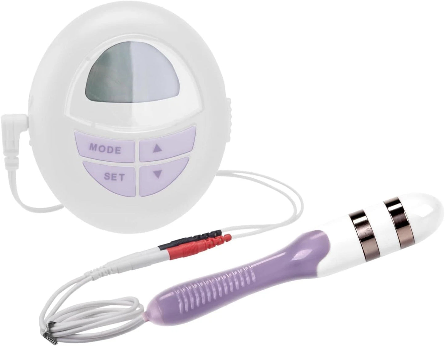 White electronic device with digital display and purple handle on a white background